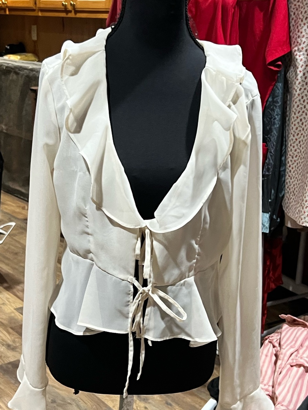 No Boundaries Cream Ruffle Tie-Front Blouse